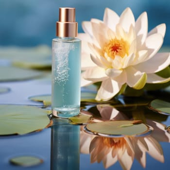 container for cosmetic products on a background of water and with a water lily flower. Beauty blog, salon treatment concept, brand packaging in minimalist style.Generative AI
