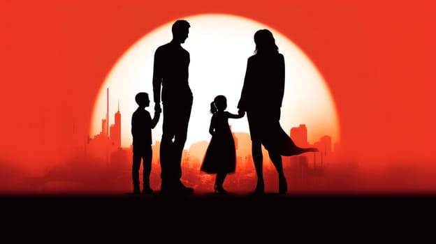 illustration with a family silhouette against a sunset background. concept of tense family relationships.Generative AI