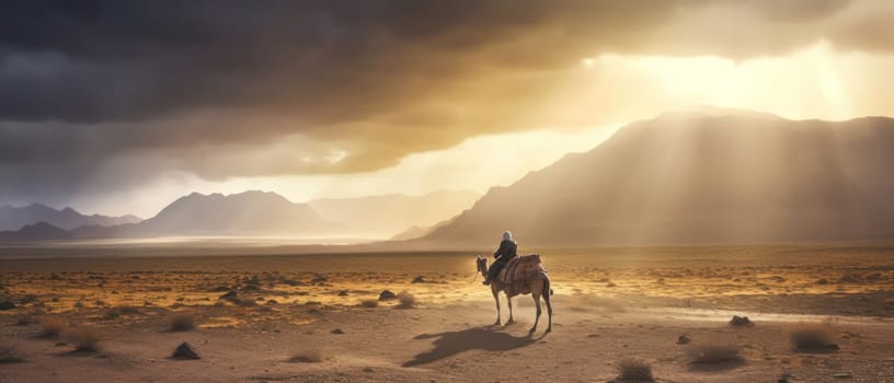 Dramatic sky with camel and man silhouette.stunning beauty desert landscape.travel advertising banner.Generative AI