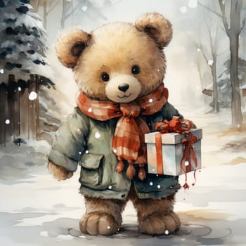 a bear cub in a coat and scarf brings Christmas gifts to his family. a holiday card in Watercolor style.Generative AI