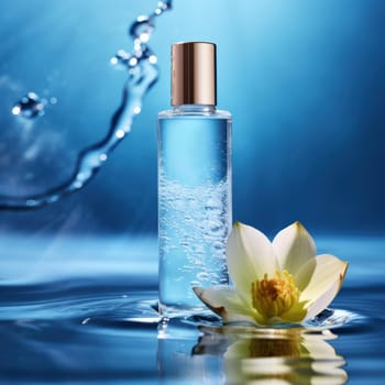 container for cosmetic products on a background of water and with a water lily flower. Beauty blog, salon treatment concept, brand packaging in minimalist style.Generative AI