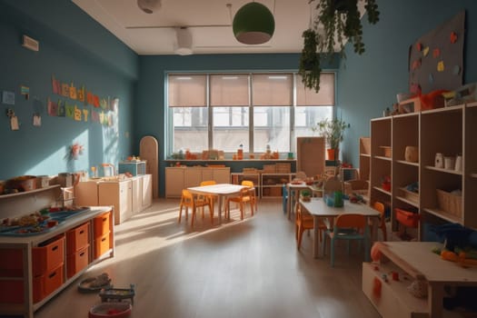 inside a classroom with chairs, benches and toys on tables, preschool classroom.Generative AI
