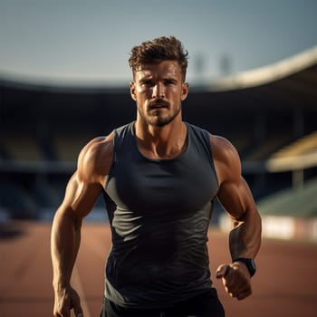 a young sports guy in a gray T-shirt runs along the stadium treadmill.Generative AI