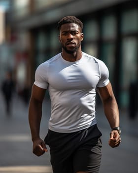 athletic African American man in a white T-shirt runs in the morning along the path in the city.Generative AI