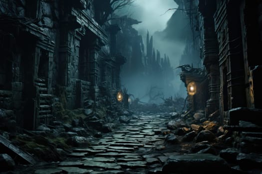 destroyed abandoned building covered with moss and overgrown with plants. Gloomy foggy lighting. post-apocalyptic horror story.Generative AI