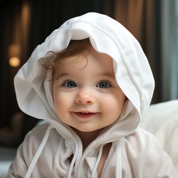 close-up. a beautiful baby in a beautiful white hood sits on the sofa looking at the camera and smiling.Generative AI
