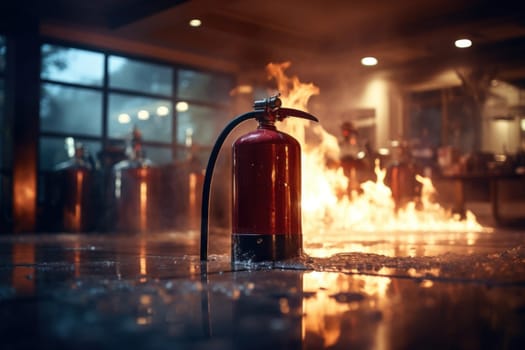 fire extinguisher on the background of a fire in the room. Emergency equipment in case of fire.Generative AI