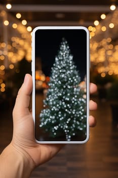 A hand holds a black smartphone with a Christmas tree on the screen on a Christmas background.Generative AI