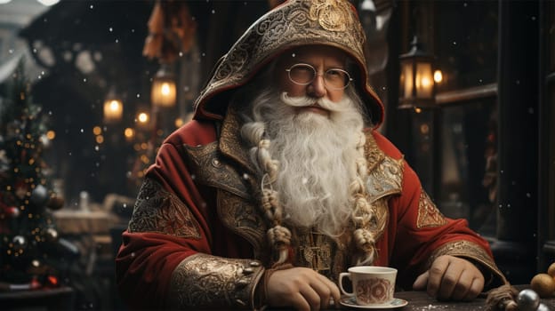 Santa Claus in a cafe with embroidery and with ethnic elements on clothes.Generative AI
