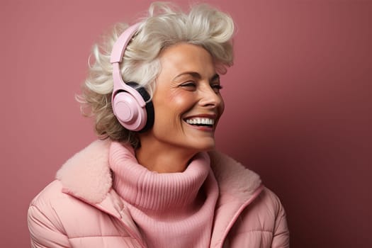 beautiful and cheerful gray-haired woman in pink clothes and headphones, on a color background.Generative AI
