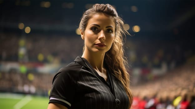 Professional football referee on the stadium field.Beautiful woman refereeing a football match.Generative AI