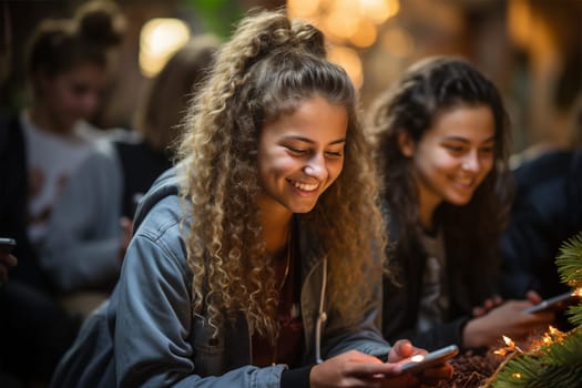 young happy girls communicate via phone near the Christmas tree..Generative AI