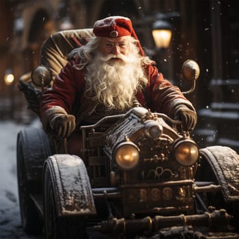 Santa Claus in a stylized retro car with embroidery and with ethnic elements on clothes.Generative AI