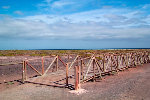 A wooden footbridge guides beachgoers through the protected nature without damaging it.