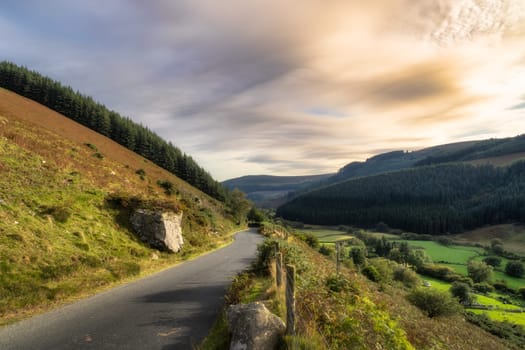 Narrow winding road leading through a beautiful mountain valley with forest and farms on the sides in Wicklow Mountains at sunset, Ireland