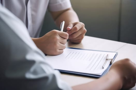 Close-up of a young man signing an agreement, a bank client signs a financial document.Generative AI