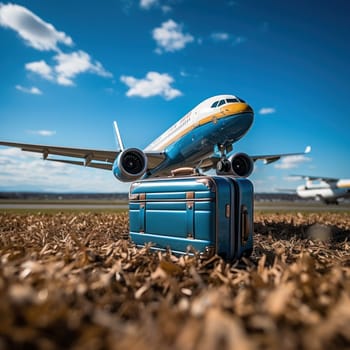 a suitcase stands on the runway against the backdrop of a plane taking off.Generative AI