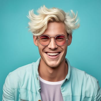 portrait of a cute smiling blond guy in glasses with tousled hair in a blue shirt.Generative AI