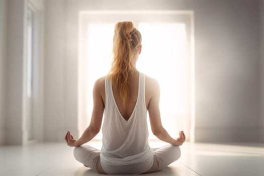 young girl practices yoga in lotus position in the room in the morning.Generative AI