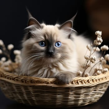 Close-up of a white cat in a wicker basket isolated on a black background.Generative AI