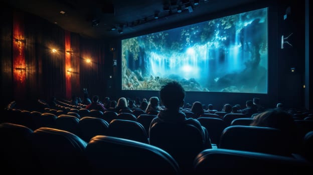 film on screen old retro cinema with red velvet walls and seats. mystical atmosphere.Generative AI