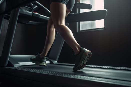 Close-up on the shoes of a woman running on a treadmill in the gym. exercise concept. fitness and healthy lifestyle.Generative AI