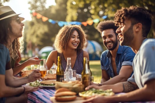 Mixed race friends having a picnic in the park, outdoor party. Rest outside the city. Happy people enjoy. Weekends in summer.Generative AI