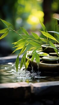 Decorative pond with a fountain and bamboo shoots.spa content.Generative AI