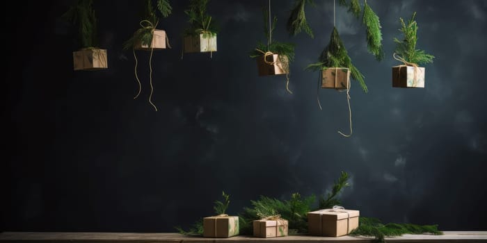 Minimalist template with fir branches, gift boxes and place for text. Merry Christmas and Happy New Year.Generative AI