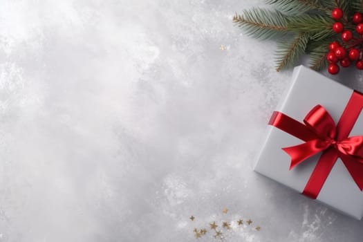 New Year banner with Christmas gift boxes and gold decorations on a light background.Generative AI