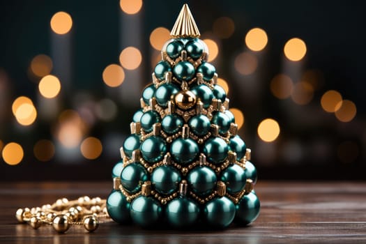 decorative Christmas green and gold toy tree against the background of Christmas illumination. copy space.Generative AI