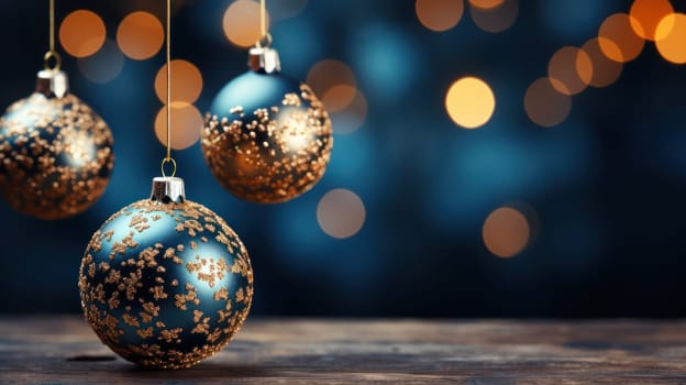 Christmas balls on blurred background, Christmas or New Year. copy space.Generative AI