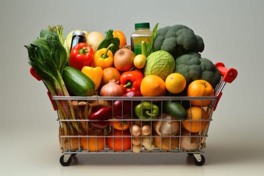 Healthy food, fruits and vegetables in a grocery cart on a light background. Choosing healthy food for the heart, healthy lifestyle concept.Generative AI