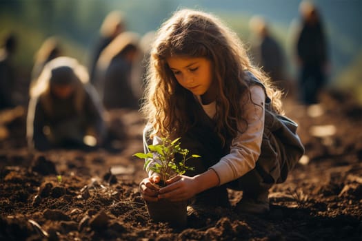 A curly girl plants a young tree in the ground. People plant young trees together as a global concept of caring for the environment.Generative AI