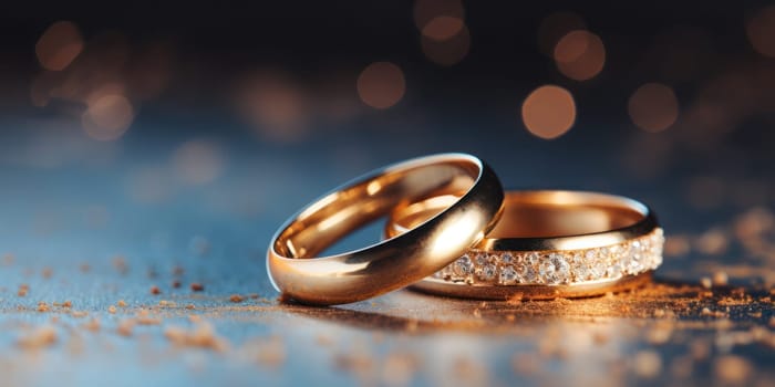 Golden wedding rings close-up lie on top of each other on a blurred background of festive illumination.Generative AI