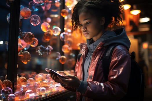 Image of a young Caucasian girl holding a smartphone near a multi-colored shop window of a shopping center.Generative AI