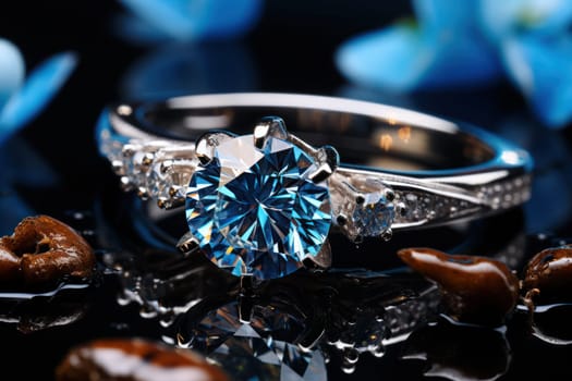 engagement ring with sapphire, jewelry with blue diamond and diamond gemstones. on a black wet mirror surface among flowers.Generative AI