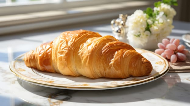 freshly baked croissant with butter served on a white plate on a marble table with flowers on a sunny morning.Generative AI