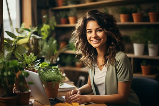 young woman scientists working using a laptop in a greenhouse with flowers. creating a plant catalog.Generative AI