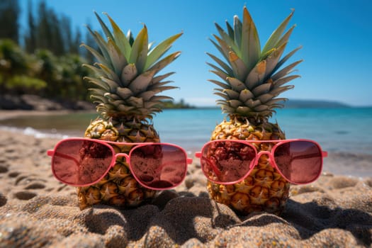 Pineapples in glasses on a sand beach on the seashore.vacation and travel concept.Generative AI