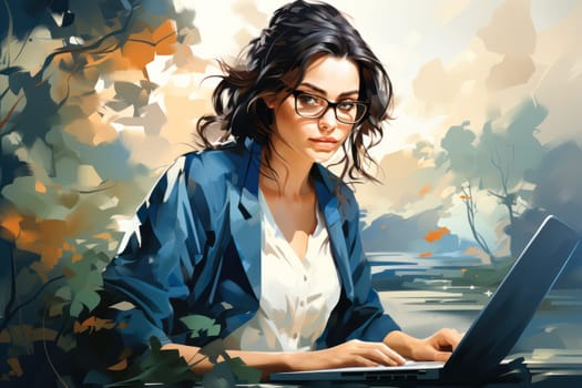 young business woman in glasses and a blue jacket works in the office. A young and beautiful female employee is working on a new laptop.Generative AI