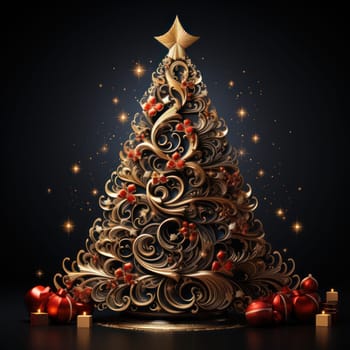 Beautiful Christmas card, red and gold tree. space for copying.Generative AI