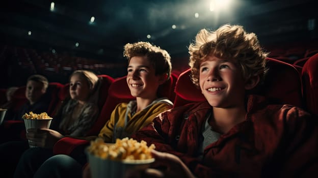 teenagers watching a funny movie in the cinema. crowd of happy spectators sitting in armchairs laughing at the movie they are watching and enjoying popcorn and drinks.Generative AI