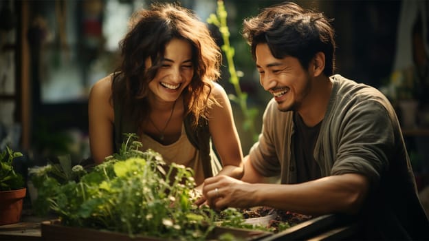 a couple of young woman and man farmer working on the farm together. Happy couple inspecting harvest of ripe organic vegetables. Agricultural business technology concept.
