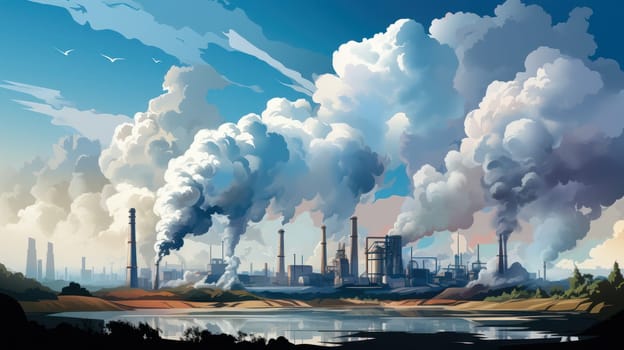 Abstract industrial landscape background.factory smoke clusters pollute the environment, and pollution damages the environment. environmental protection concept.Generative AI