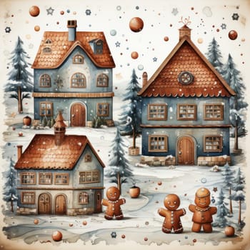 gingerbread men near houses at Christmas. Winter holiday story in watercolor style.Generative AI