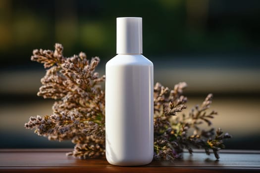 mockup of a white container for cosmetic products on a wooden table with copy space. eco friendly products for your design and label. Natural, clean cosmetics concept.Generative AI