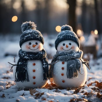 Snowmen in knitted hats and scarves against the background of a snowy landscape with lights and a festive garland.Generative AI