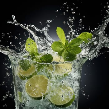 Cut transparent glass with crystal falling water, mint and lemon on a black background.Generative AI
