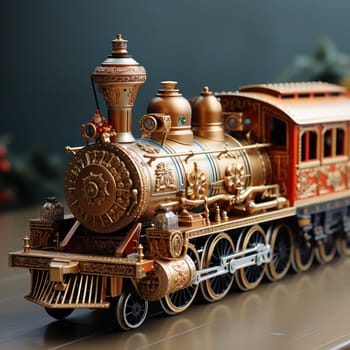 toy New Year's wooden train as a decoration for the Christmas tree. stylization of a retro locomotive for the railway, toy road. design and concept of gifts for the New Year holiday.Generative AI